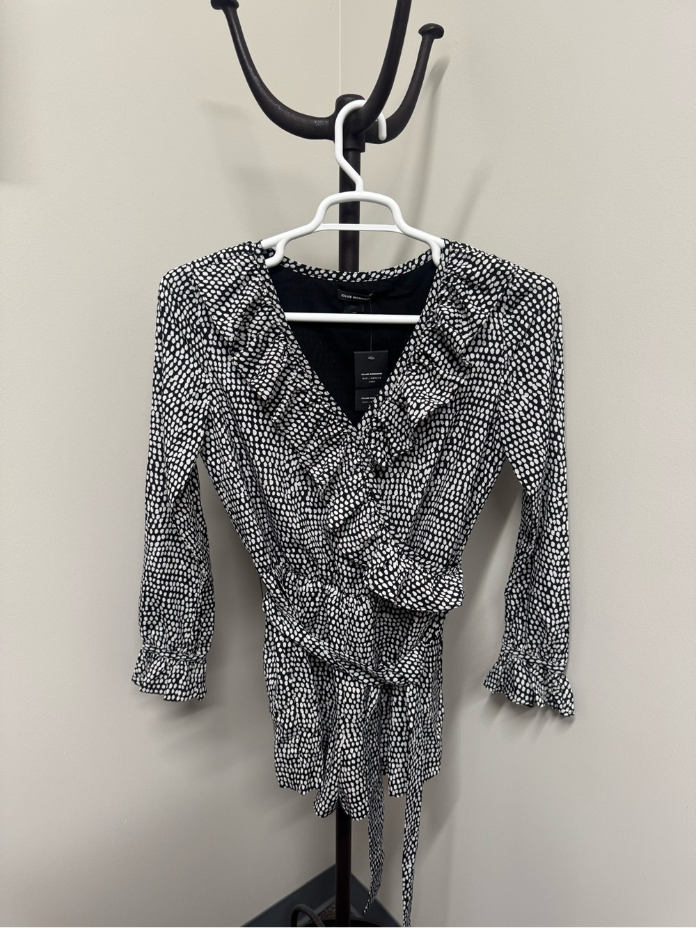Club Monaco Black & White Wrap Blouse with Ruffle Trim